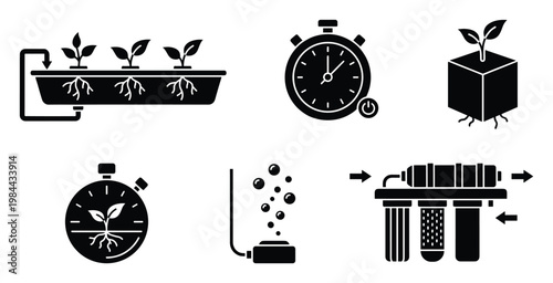 Hydroponic plant growth system icons with automated timers, water filtration, and aeration for modern indoor farming and smart gardening technology solutions