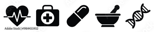 Comprehensive set of essential health and medical icons including heartbeat, first aid kit, capsule, mortar, and DNA, perfect for healthcare industry websites, applications, and educational
