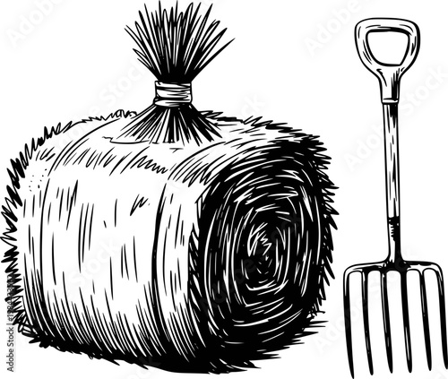 Hand-drawn black and white hay bale and pitchfork white background, farm farming