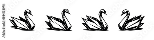 Elegant origami swan silhouette set, black and white vector illustration, geometric animal design