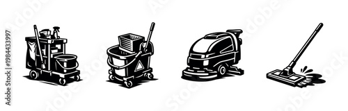 Black and white vector illustration of cleaning equipment icons including mop, cart, and floor scrubber