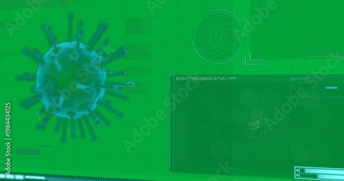 Digital animation of interface with data processing and covid-19 cells against black background