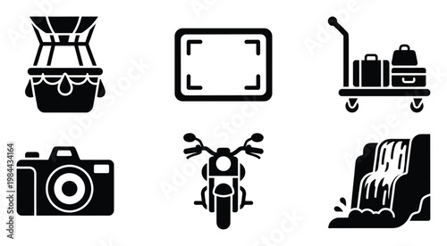 Modern glyph icons representing travel adventure photography and exploration perfect for user interface elements graphic design projects and digital applications