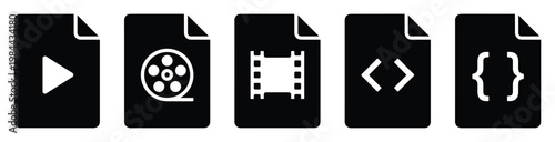 Digital file format icons representing various media types like video movies and programming code for software development data representation and web application interfaces