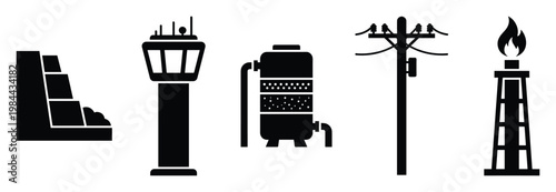 Essential infrastructure collection featuring power grid components industrial energy facilities air traffic control towers and water purification systems for engineering and utility