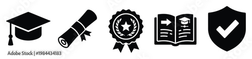 Comprehensive set of educational achievement and security icons representing learning, graduation, diploma, award, and certified quality for academic use.