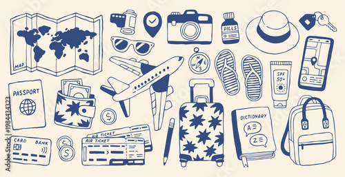 Hand drawn vector travel set in Mediterranean style. Blue minimalist doodles of plane map passport suitcase camera and vacation essentials. Perfect for summer holiday designs and tourism assets