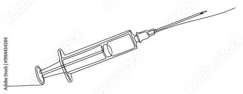Single continuous line drawing of a medical syringe with needle, perfect for illustrating healthcare concepts, vaccination campaigns, and pharmaceutical information graphics