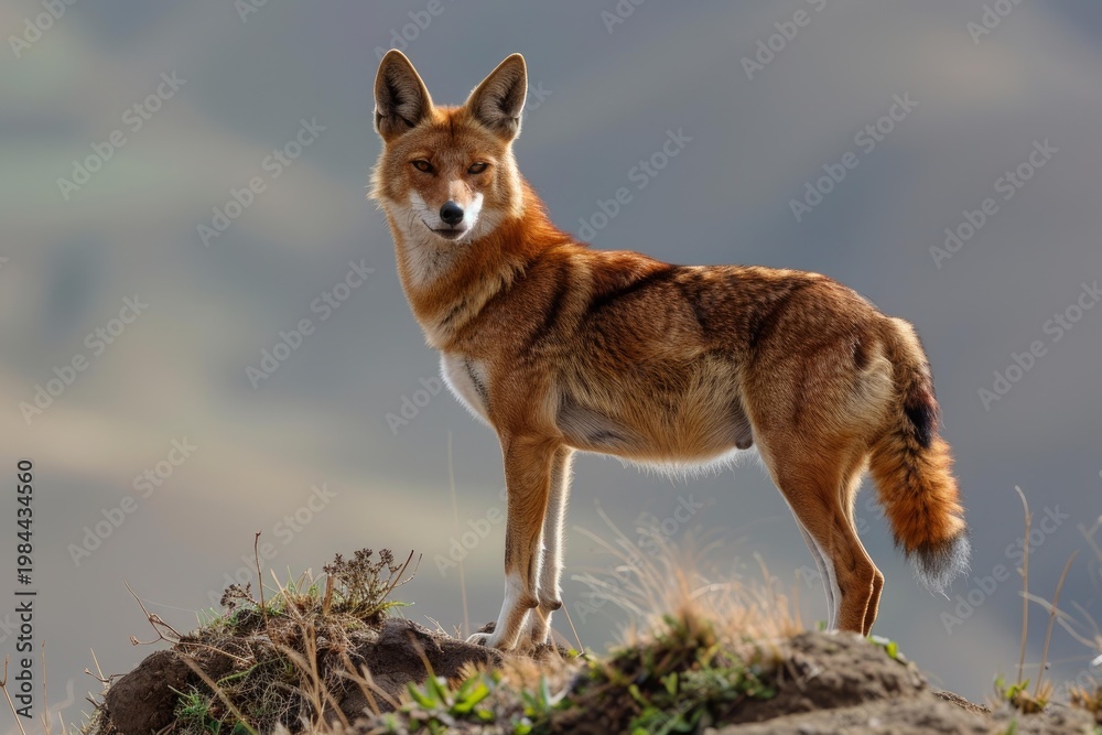 Obraz premium Ethiopian wolf standing on a hill in the bale mountains national park, ethiopia