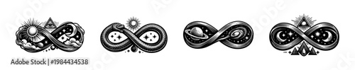 Intricate black and white infinity symbols featuring celestial elements and reptilian motifs vector illustration