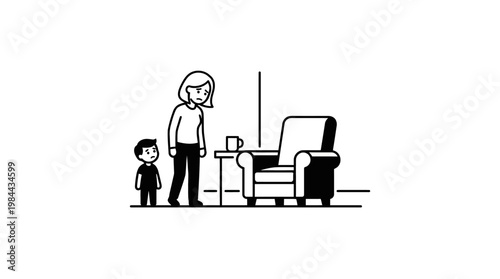 Mother and Child Standing by Armchair