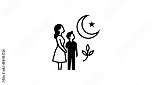 Woman And Boy Looking Up At Crescent Moon And Star