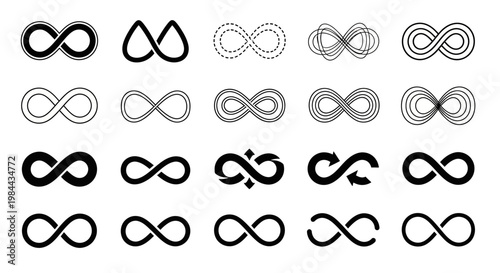 Diverse collection of infinity symbols, showcasing various modern graphic designs and abstract representations of eternity, timelessness, and limitless potential