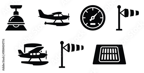 A comprehensive collection of essential aviation and weather icons including seaplanes, windsocks, gauges, and landing field symbols for flight planning and navigation applications.