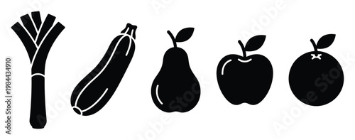 Collection of various healthy fruit and vegetable black and white silhouettes perfect for grocery store branding, recipe blogs, or dietary planning applications.