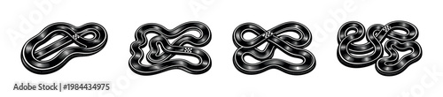 Complex race track circuit design set, four styles, black and white silhouette, vector illustration