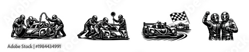 Race car pit crew black and white illustration with drivers and checkered flag silhouette