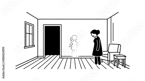 Woman Grieving in Empty Room with Ghostly Image