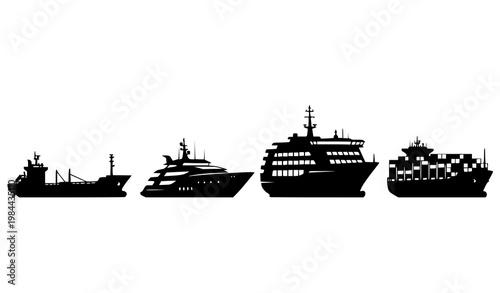 Ship silhouettes horizontal lineup vector with different maritime vessel icons in minimal style