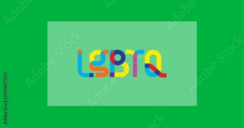 Digital animation of rainbow lgbtq text over rectangular grey banner against black background