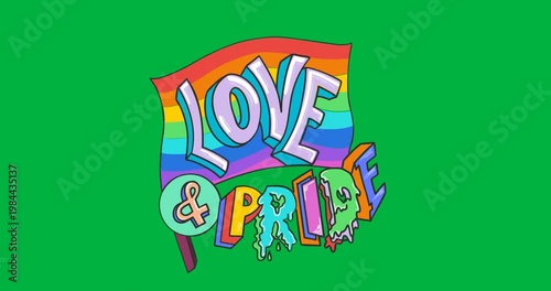 Digital animation of love and pride text over rainbow flag against black background
