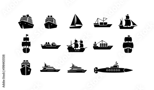 Ship silhouettes grid vector set with minimal maritime vessel icons and nautical design