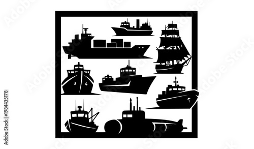 Bold ship silhouettes square composition vector set with high contrast nautical vessel icons