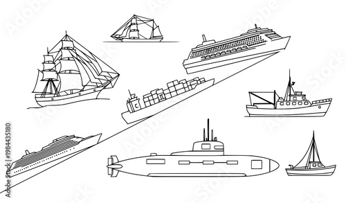 Outline ship silhouettes diagonal vector set with minimal nautical vessel line icons