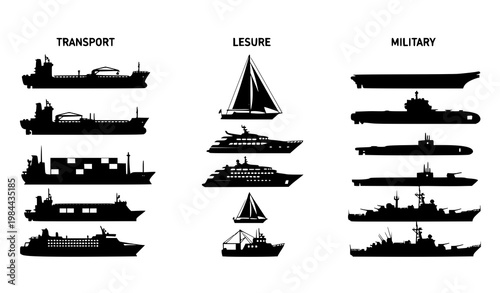 Ship silhouettes vertical vector set with categorized maritime and nautical vessel designs