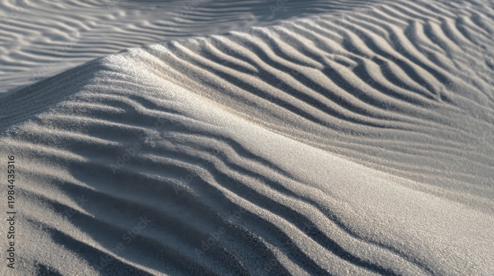 Fototapeta premium Delicate dune surface with wavy patterns, side-lit sunlight creating interwoven shadows on rippled sand.