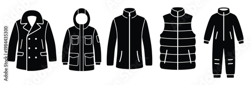 Collection of essential cold weather outerwear items including a classic coat, hooded parka, zipup jacket, warm puffer vest, and practical snowsuit for winter protection