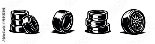 Vector illustration of car tires in black and white style featuring various tire designs and silhouettes