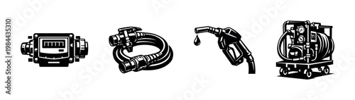 Industrial fuel equipment silhouette set gas pump hose meter vector illustrations