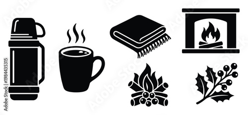Cozy winter and holiday season icons for warmth and comfort including a thermos hot mug blanket fireplace bonfire and holly useful for seasonal greeting cards festive advertising and cold