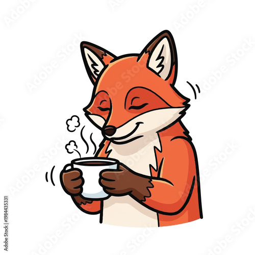 Cartoon Fox Holding Coffee Cup.