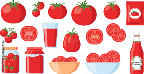 Tomato food vector set with fresh vegetables slices juice sauce jars and ingredients collection isolated on white background illustration design