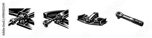 Set of black and white mechanical tools illustrations, wrench, torque, vector elements