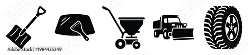 Collection of essential winter maintenance tools and snow removal equipment including shovel, ice scraper, salt spreader, snowplow, and heavyduty tire for cold season preparedness