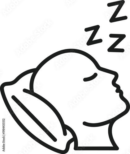 Line drawing of a person sleeping soundly on a pillow with sleep cycle, shut eye