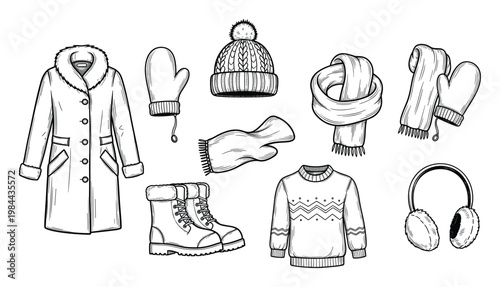 Collection of essential winter clothing and accessories drawn in a line art style perfect for seasonal promotions, holiday catalogs, or educational resources