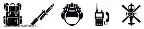 Collection of military and tactical gear glyph icons representing essential equipment like a rugged backpack, sharp bayonet, protective helmet, powerful walkietalkie, and agile helicopter