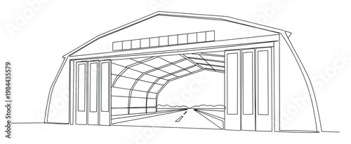 Continuous line drawing of a large arched industrial building with sliding doors and a road leading inside, perfect for architectural plans, infrastructure concepts, and transportation
