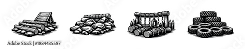 Quadro su tela Obstacle course elements illustration with tires, logs and rocks, vector black a