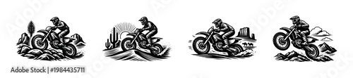 Dynamic black and white vector illustration of motorcyclists performing off-road stunts in desert landscapes