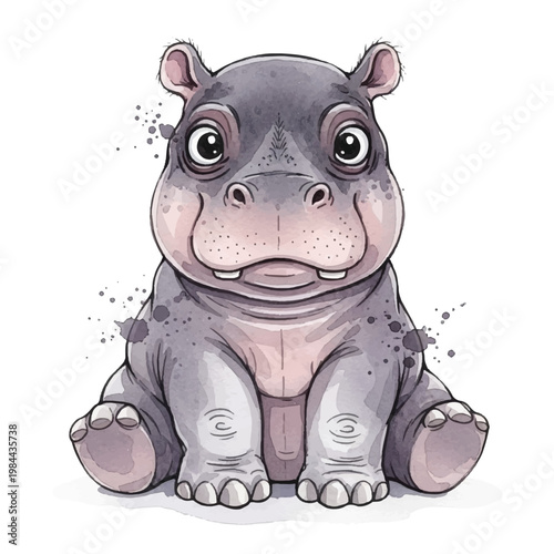 Cute Cartoon Hippo Sitting Alone.