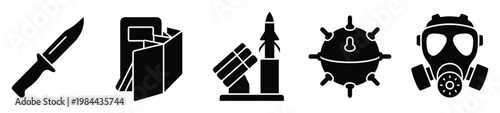 A collection of essential military and defense icons including a tactical knife, ammo box, missile system, naval mine, and gas mask, ideal for security related projects and warfare themed