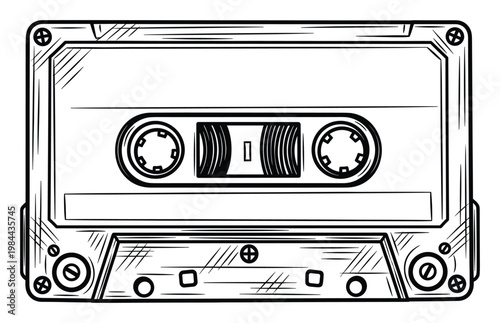 Classic audio cassette tape line drawing evokes 80s and 90s music nostalgia, perfect for themed events, marketing materials, or educational content exploring vintage media