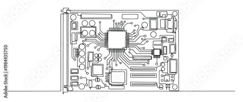 Continuous line drawing of an electronic circuit board with microchip and various components symbolizing technology innovation and engineering for digital media presentations and science