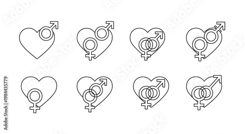 Collection of Heart Icons Representing Love, Gender Symbols, and Relationships