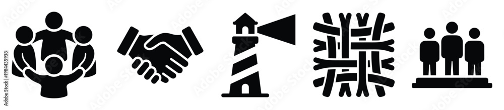 Fototapeta premium Essential icon set depicting group support, business partnership, strategic guidance, organizational unity, and leadership recognition, suitable for presentations, reports, and visual